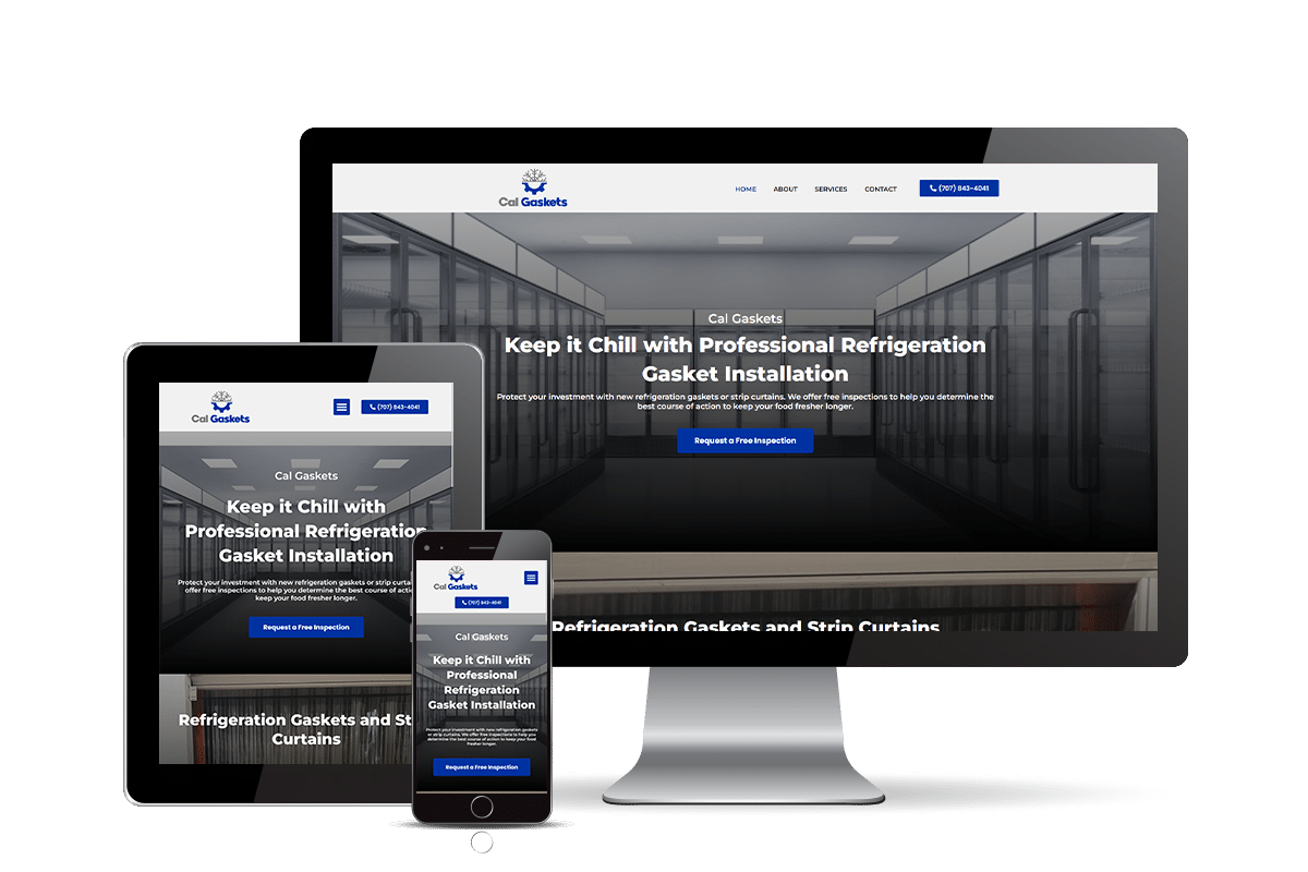 This image is advertising Cal Gaskets' services for professional refrigeration gasket installation and free inspections to help customers protect their investments. Full Text: HOME ABOUT SERVICES CONTACT L (707) 843-4041 Cal Gaskets Cal Gaskets Keep it Chill with Professional Refrigeration Gasket Installation Protect your investment with new refrigeration gaskets or strip curtains. We offer free inspections to help you determine the best course of action to keep your food fresher longer. Cal Gaskets Request a Free Inspection Cal Gaskets Keep it Chill with Professional Refrigeration Gasket Installation Procest your investment with new refrigeration gaskets or strip curta to you determine the best course of acti offer free inspections to help you determine the best 00 Cal Gaskets keep your food fresher longer. Request a Free Inspection Defrigeration Gackets and Strin Curtains Cal Gaskets Keep it Chill with Professional Refrigeration Gasket Installation Refrigeration Gaskets and St Curtains