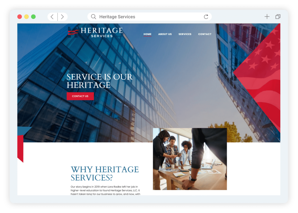 This is a screenshot of a corporate website for "Heritage Services" with a headline, navigation menu, contact button, and an image of people collaborating.
