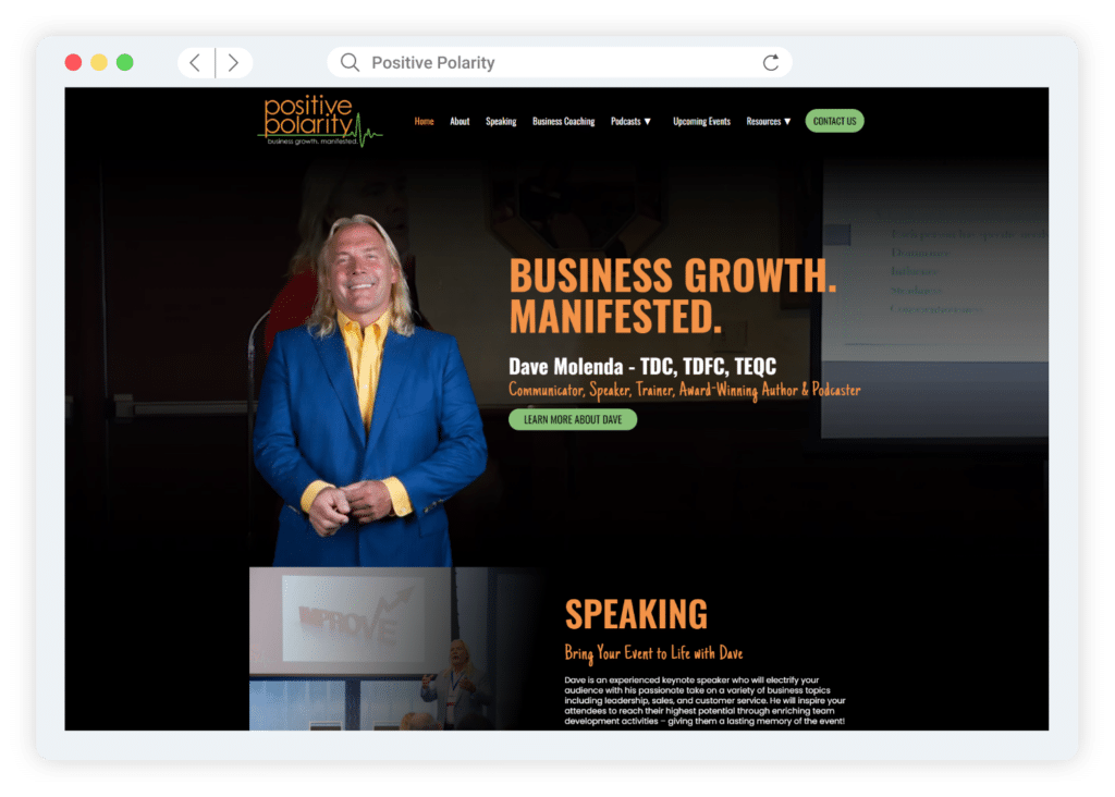 The image shows a desktop browser window displaying a website, "Positive Polarity," featuring a smiling person in a suit, alongside text about business growth and speaking services.