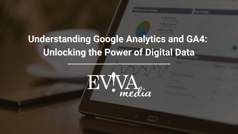 A laptop and smartphone displaying graphs and data analytics with text on Google Analytics and GA4 and the visibility of a brand name.