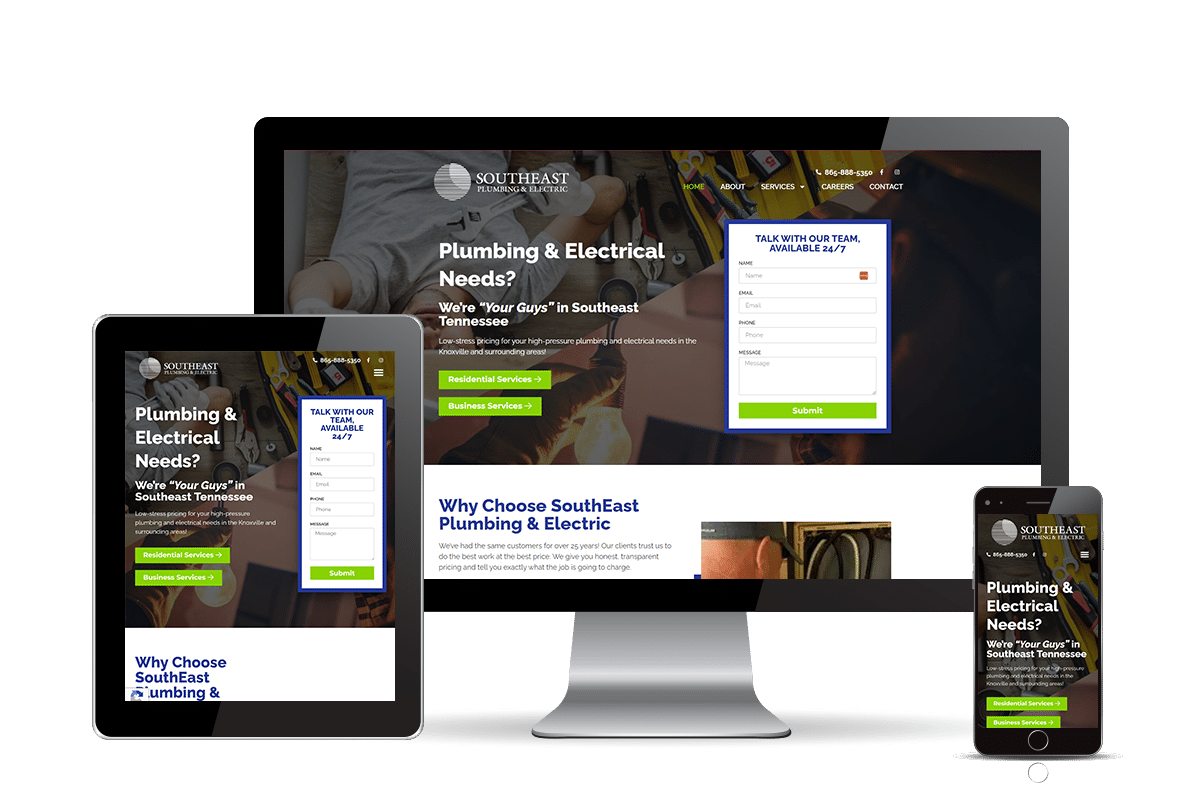 This image displays multiple devices showing a plumbing and electrical service website, emphasizing residential and business services and 24/7 customer support.