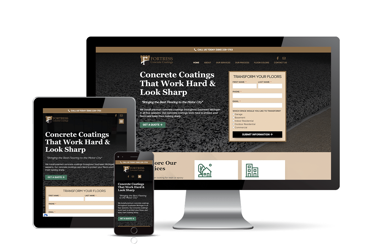 This is a promotional image for Fortress Concrete Coatings, featuring their website displayed across various devices, highlighting their concrete coating services.